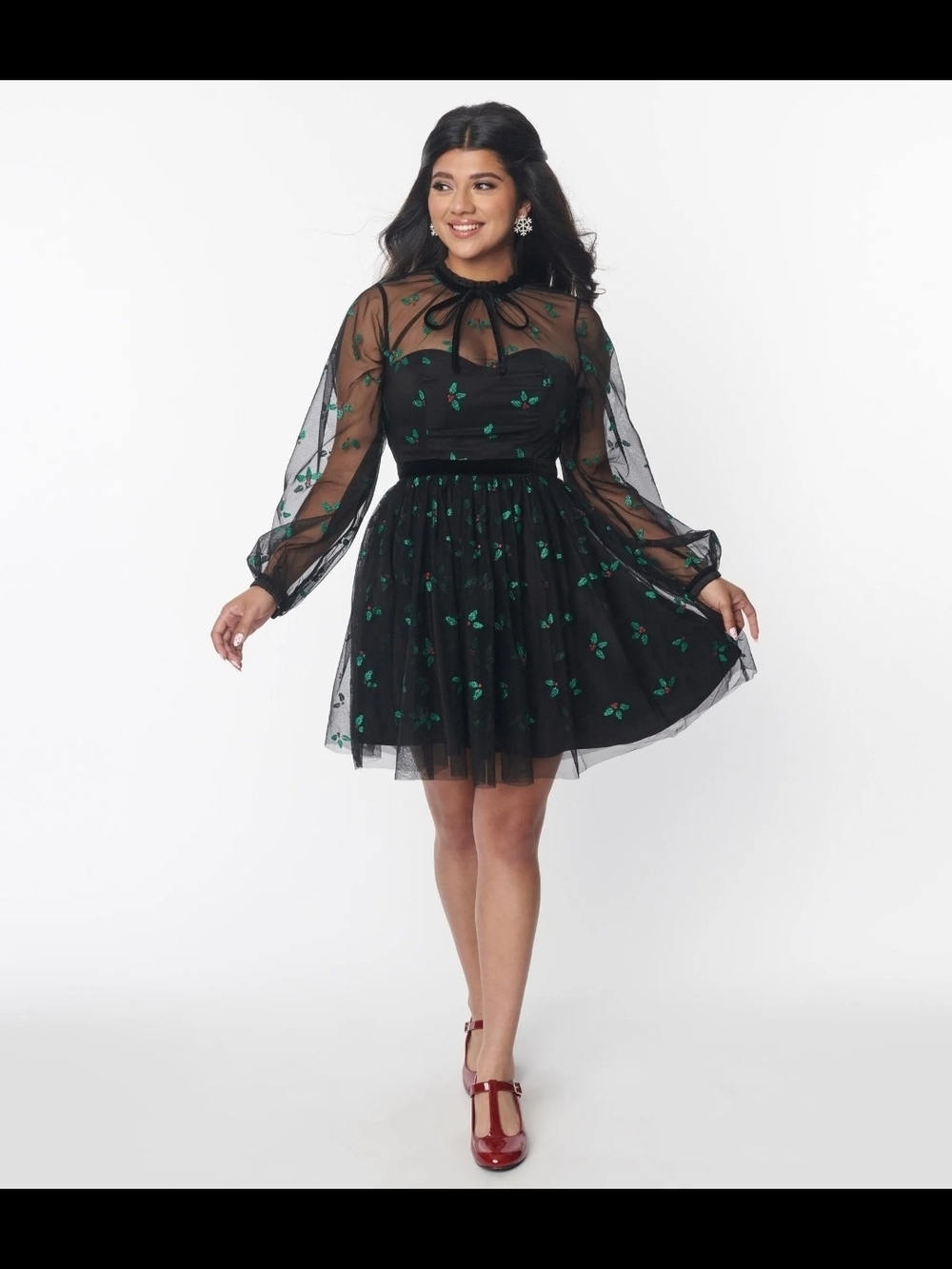 Like New 3X Unique Vintage Black & Glitter Mistletoe Flare Dress - Picture 14 of 16